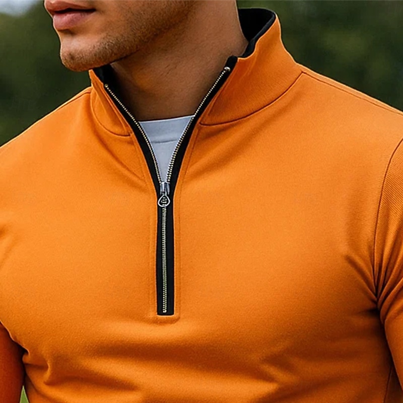 Men's Polo Shirts Quarter Zip Polo Vacation Street High Neck Quarter Zip Long Sleeve Fashion Basic Solid Color Plain Pocket Spring &  Fall All Seasons Slim Fit Orange Polo Shirts3