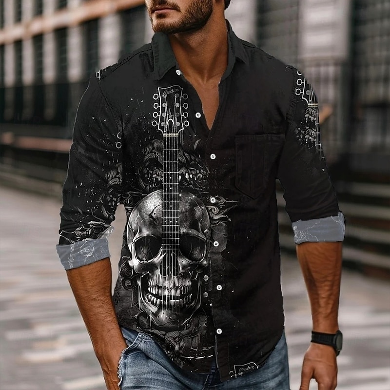 Halloween Men's Skull Sparkling Glitter Day of the Dead Shirt Button Up Shirt Long Sleeve Dark Gothic Style Holiday Spring Fall Turndown 3D Print Collared Shirts Front One Pocket Black Purple Gray3