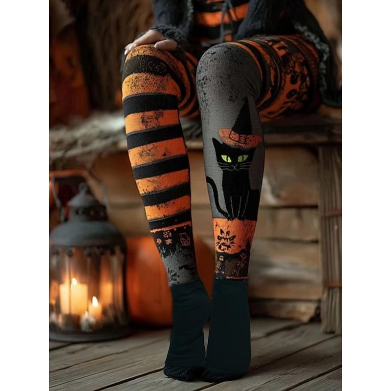 Women's Leggings Vacation Vintage Fashion Full Length High WaistPantsHalloween Graphic Skull Cat Printing Soft Breathable Stretchy Outdoor Vacation Street Dark-Gray Light Grey Orange Summer Spring