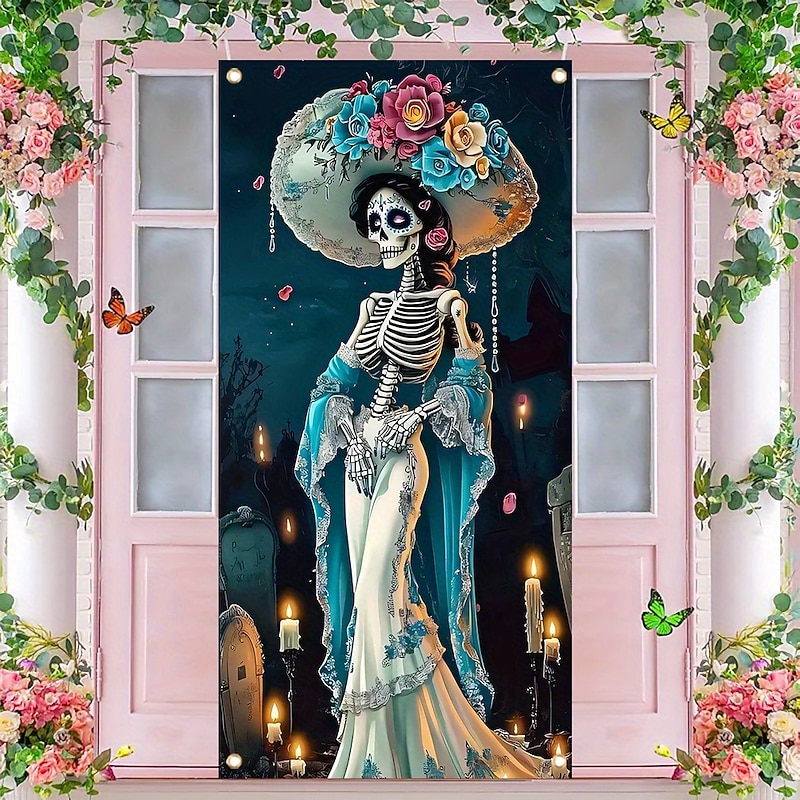 Day of the Dead / Día de los Muertos Door Decorations Skeleton Couple Door Covers Tapestry Curtain Decoration Backdrop Banner with Marigold Flowers and Candles for Front Door Farmhouse Holiday Party Indoor Outdoor Decor Supplies2