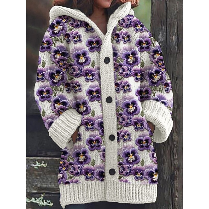 Women's Cardigan Vacation Daily Floral Ribbed Hooded Knitted Print Front Pocket Long Sleeve Regular Tops Knit Outdoor Daily Holiday White Light Green Fall Winter