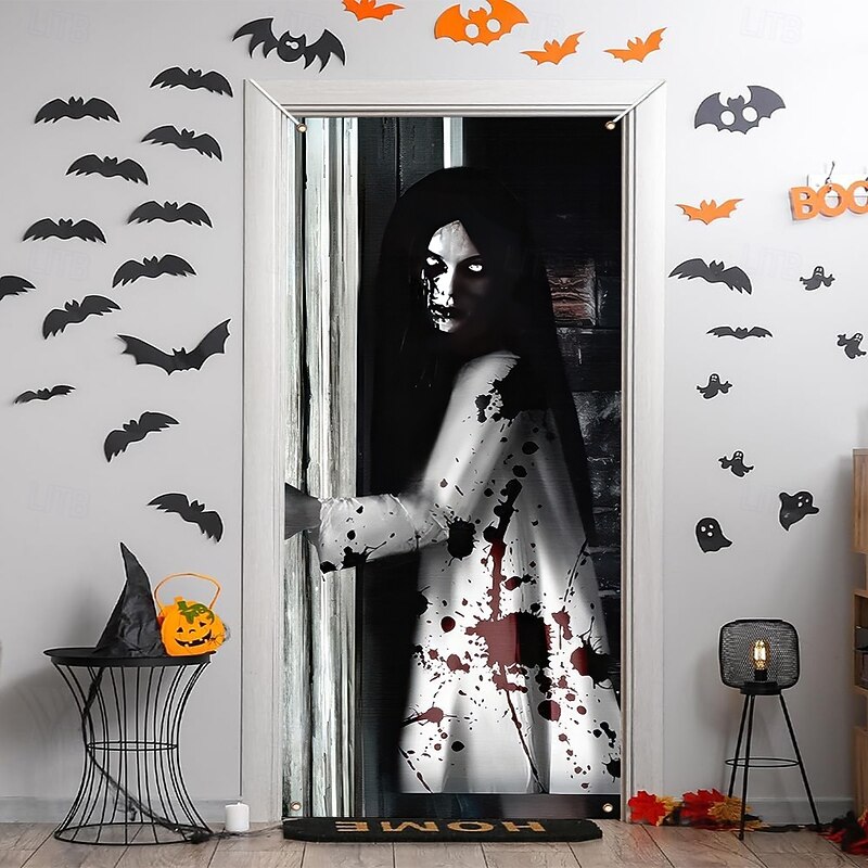Halloween Door Cover Outdoor Banners Witch Ghost Psychedelic Dark Punk Gothic Style Party Outdoor Shooting Backgrounds Front Door Wall Porch Home Decor2