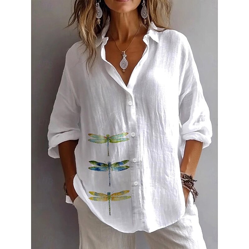 Women's Shirt Graphic Animal Dragonfly Vintage Tropical Daily Long Sleeve Shirt Collar Regular Tops Work Daily Holiday Buttons Print White Summer Spring Fall