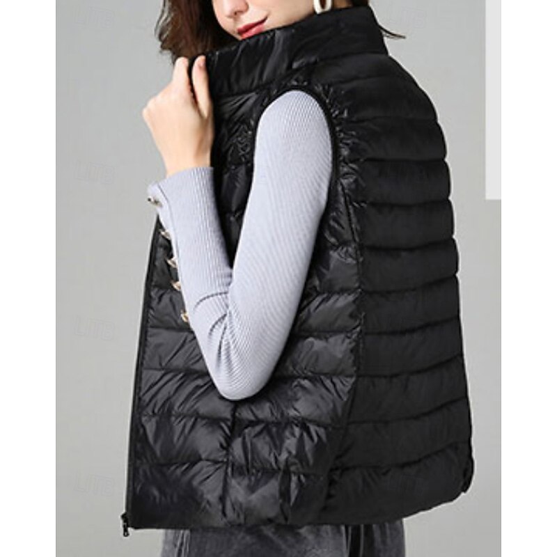 Women's Vest Warm Comfortable Zipper Pocket Fashion Plain Outdoor Vacation Zipper Regular Stand Collar Regular Fit Sleeveless Outerwear Black White Purple Fall Winter3