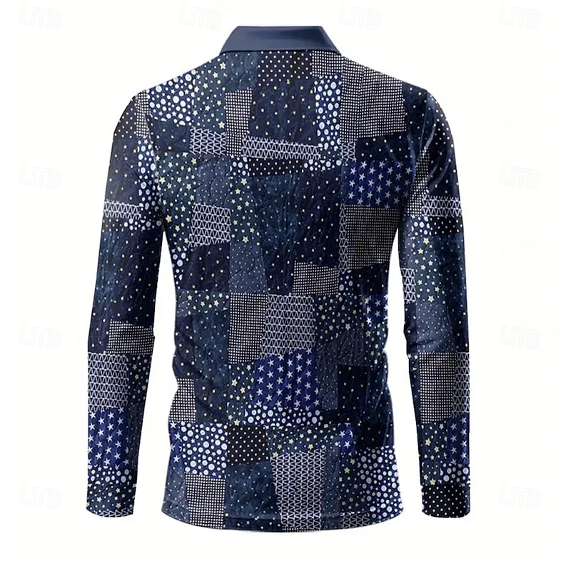Men's Color Block Polo Long Sleeve Polo Shirts Lapel Casual Athleisure Daily Wear 3D Print Buttons Spring Fall Winter Blue2