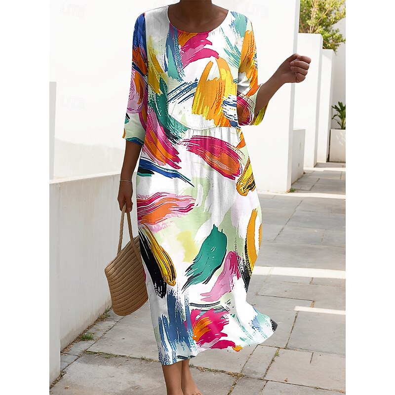 Women's Maxi Dress Kaftan 3/4 Length Sleeve Crew Neck Casual Shift Dress A Line Dress Dress Boho Daily Holiday Date Graphic Geometric Red Light Brown Blue Beige Spring4