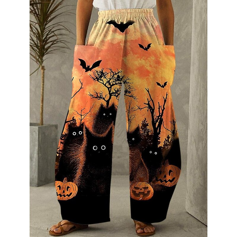 Women's Wide Leg Chinos Vintage Casual Full Length Mid WaistPantsHalloween Pumpkin Halloween Elastic Waistband Comfy Stretchy Street Black Yellow Orange Pink / Black Fall Winter Loose Fit3