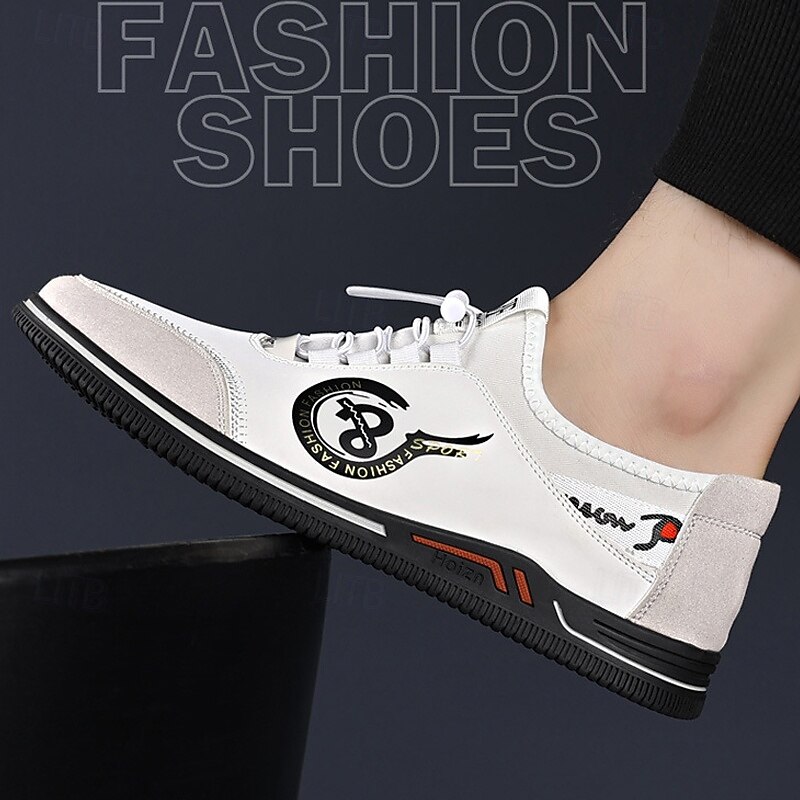 Men's White Sporty Sneakers with Graphic Print – Comfortable Casual Lace-Up Shoes for Urban Wear, Weekend Activities and Fashionable Outings3