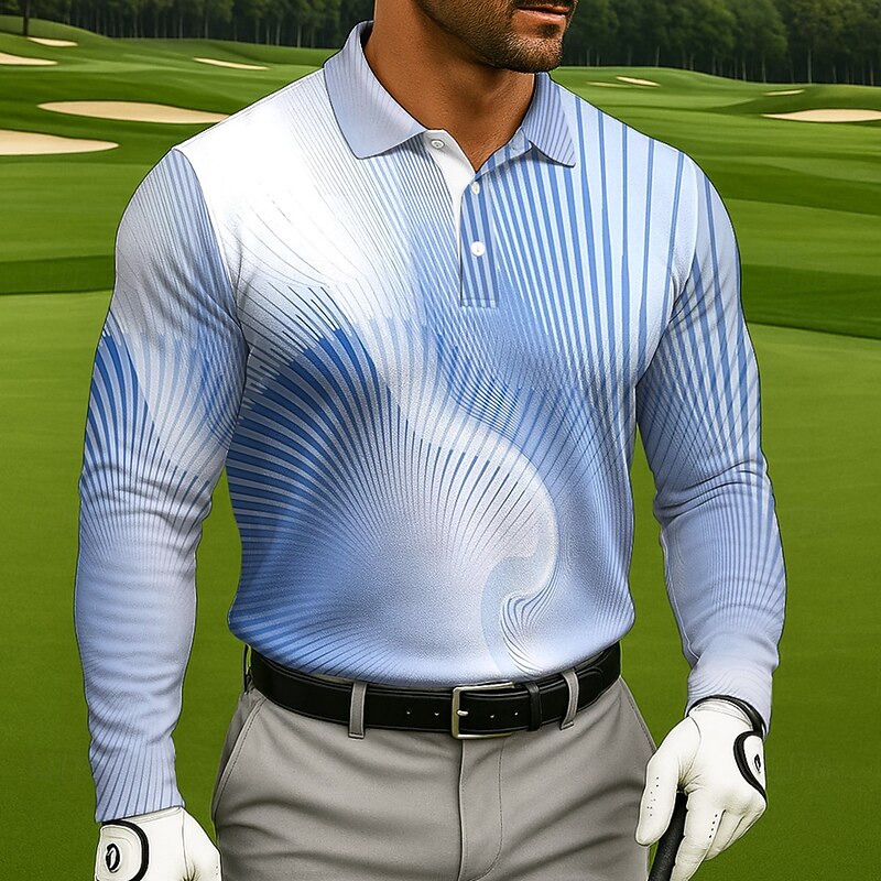 Men's Geometic Golf Polo Long Sleeve Polo Shirts Lapel Casual Athleisure Daily Wear 3D Print Buttons Spring Fall Winter Lake blue Blue Purple2