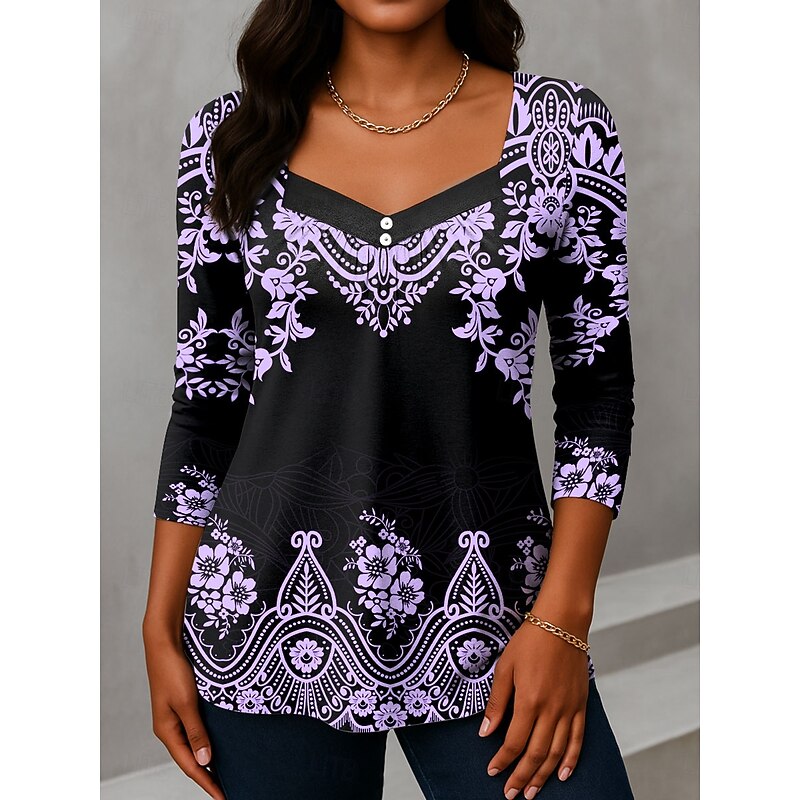 Women's T Shirt Graphic Tribal Vintage Fashion Stylish Long Sleeve V Neck Asymmetric Neck Regular Tops Daily Weekend Vacation Wear Buttons Print White Pink Blue Purple Green Summer Spring4