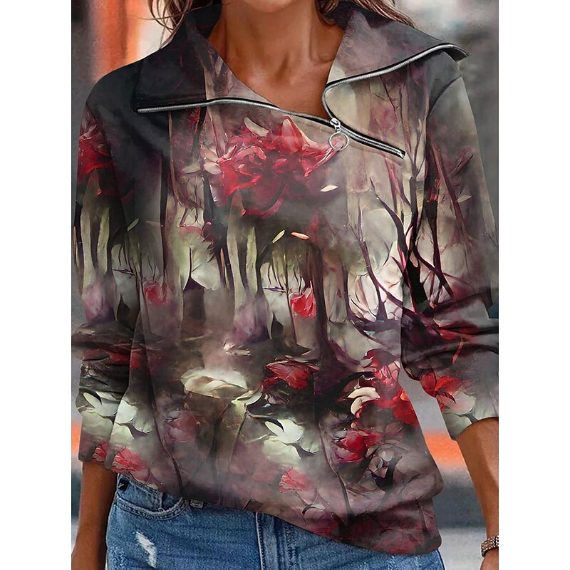 Halloween Women's Sweatshirts Casual Long Sleeve High Neck Regular Tops Casual Zipper Wine Red Blue Orange Brown Fall2