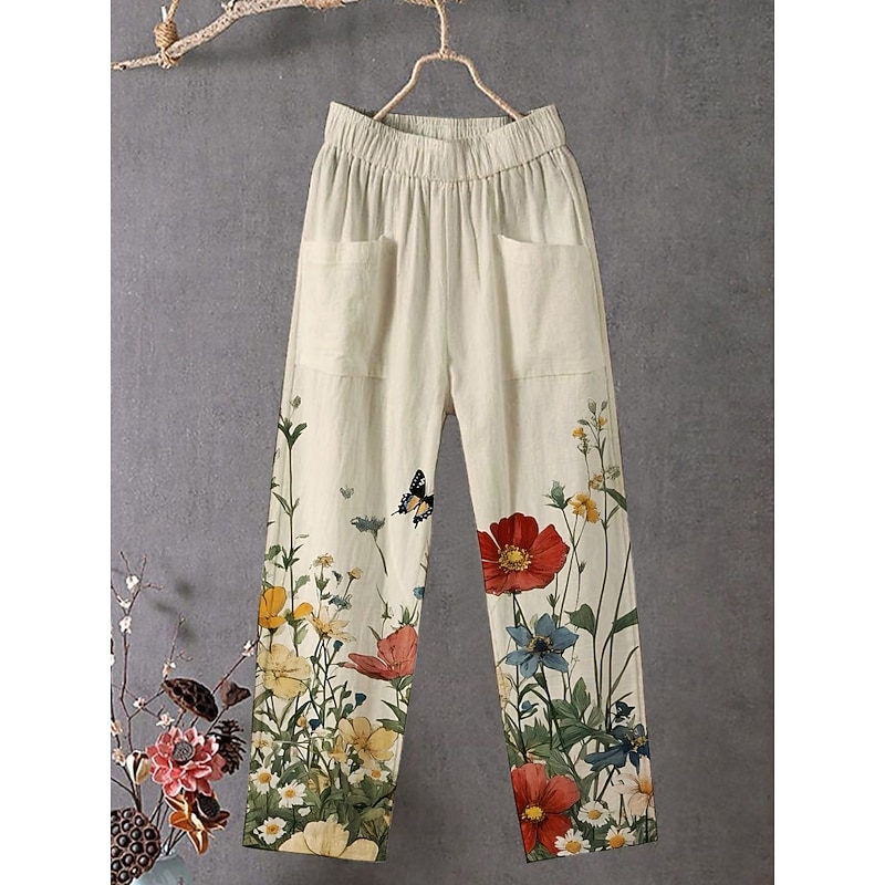 Women's Chinos Pants Trousers Streetwear Casual Full Length High Waist Floral Elastic Waist Print Breathability Comfortable Stretchy Vacation Street Daily Wear Khaki Summer Spring Fall Regular Fit