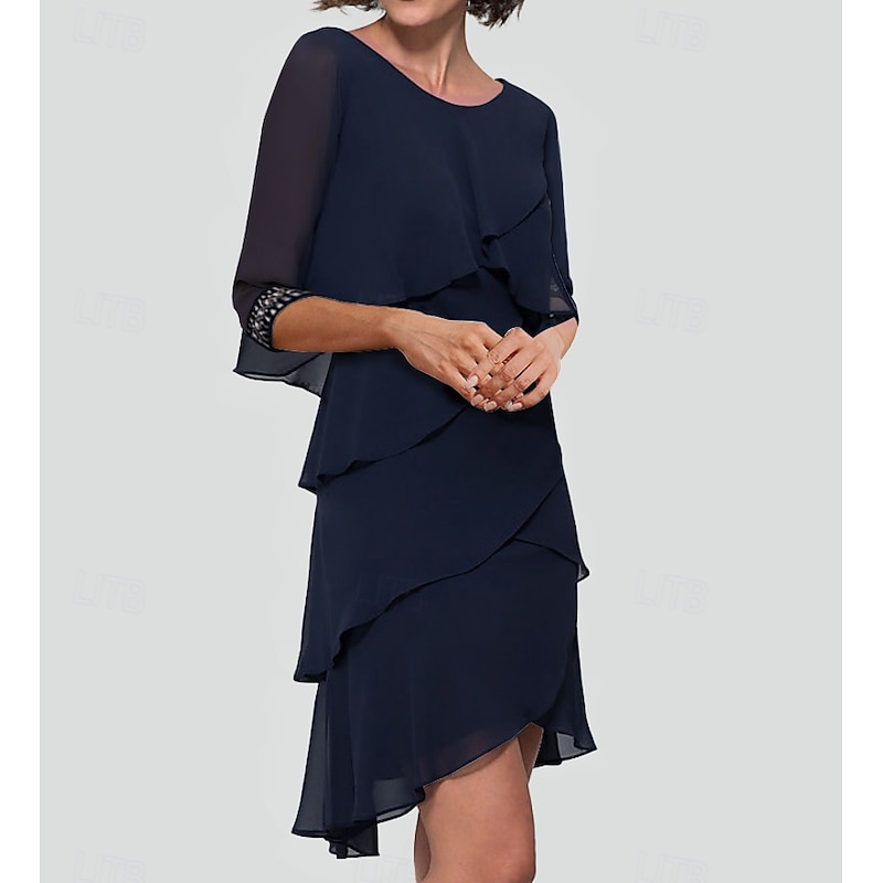 Sheath Cocktail Dresses Elegant Dress Semi Formal Knee Length Half Sleeve Jewel Neck Fall Wedding Guest Chiffon with Rhinestone Ruffles