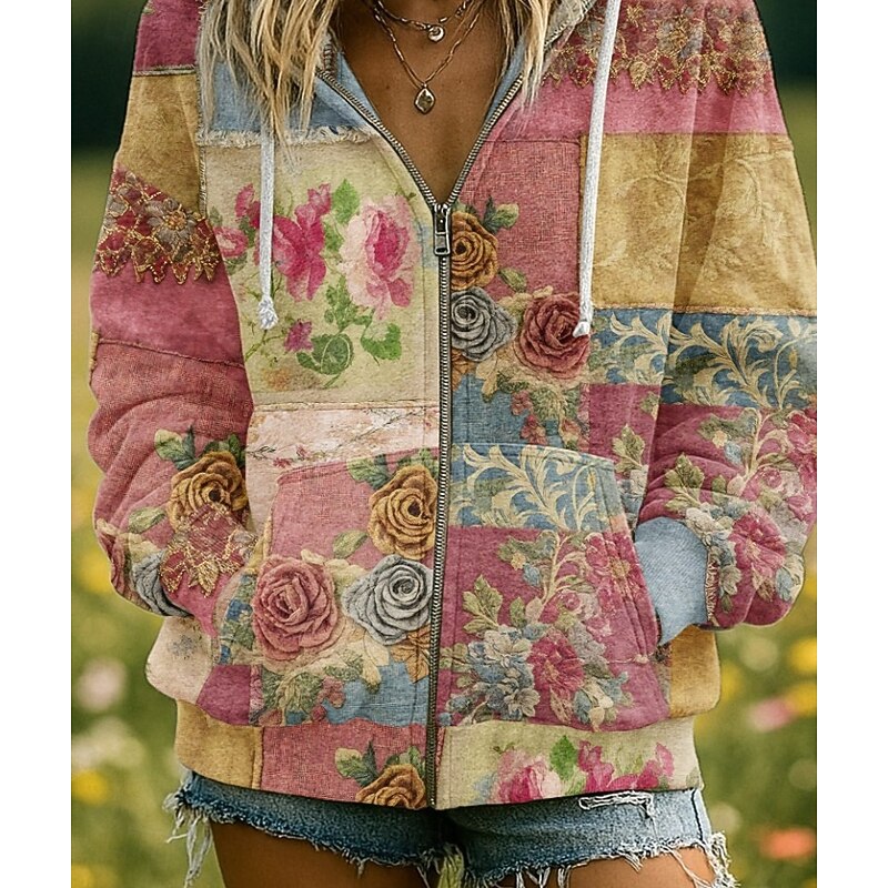 Women's 3D Print Vintage Boho Hoodie Patchwork Hoodie Sweatshirt Floral Zip Up Fashion Casual Long Sleeve Hooded Street Dailywear Going out Patchwork Zipper Pocket Yellow Pink Red Spring Fall2