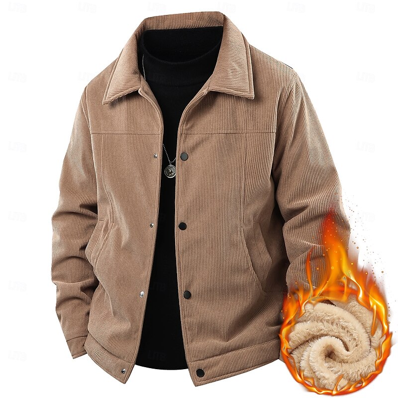 Men's Corduroy Jacket Fleece Jacket Formal Home Thermal Warm Pocket Fall Solid Color Active Vintage Shirt Collar Regular Black White Green Khaki Jacket