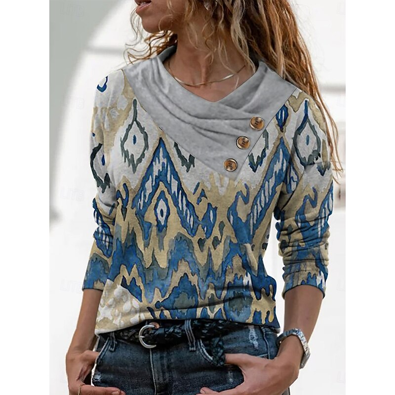 Women's T shirt Long Sleeve Geometric Abstract Vintage Stylish Basic Long Sleeve Pile Neck V Neck Regular Tops Daily Weekend Buttons Print White Gray Spring Fall Winter Prefall2