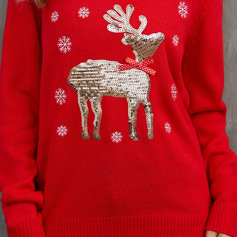Women's Sweater Pullover Casual Reindeer Snowflakes Ribbed Crew Neck Knitted Print Long Sleeve Regular Tops Knit Christmas Holiday Going out Black Red Winter3