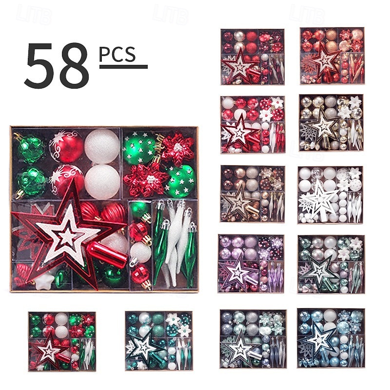 58 pcs Christmas Tree Balls Baubles Ornaments, Xmas Decoration, Painted Christmas Ball Hanging Set, Festive Holiday Tree Decor