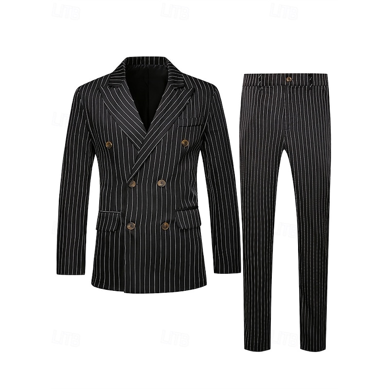 Men's Blazer Set Business Cocktail Party Wedding Party 2 Piece Fashion Casual Spring Fall Polyester Stripe Pocket Buttons Comfortable Double Breasted Blazer Black3