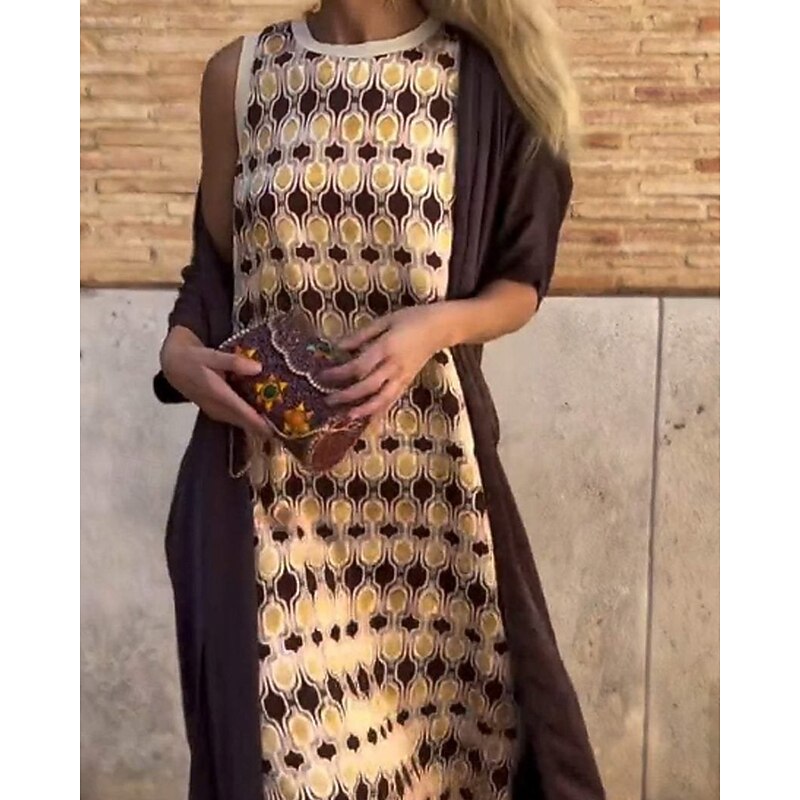 Women's Long Dress Maxi Dress Dress Set Print Dress Fashion Modern Vacation Holiday Weekend Regular Fit Floral 3/4 Length Sleeve Crew Neck Brown Fall