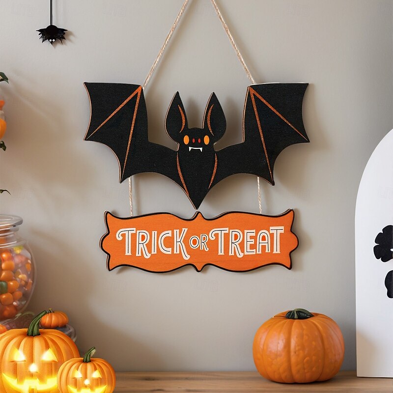 Halloween Party Wooden Red-Eyed Bat Hanging Sign Colorful Cartoon Printed Wood Holiday Decoration Indoor Outdoor Festival Party Ornament