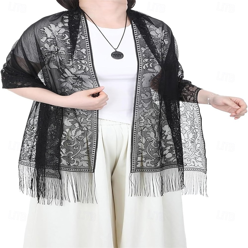 Women's Floral Lace Scarf Shawl with Tassels Soft Mesh Fringe Wraps Wedding Formal Shawl for Party Evening Party Dress2