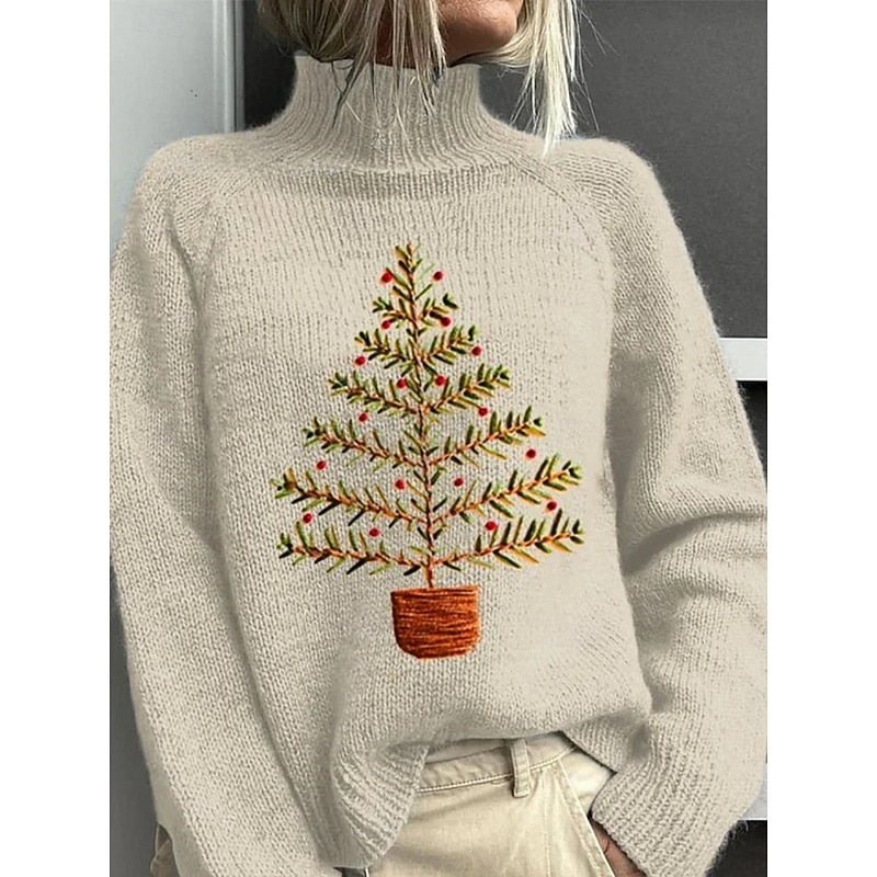 Women's Pullover Vacation Daily Tree Christmas Light Ribbed Turtleneck Knitted Print Long Sleeve Regular Tops Knit Outdoor Daily Holiday Camel Khaki Fall Winter2