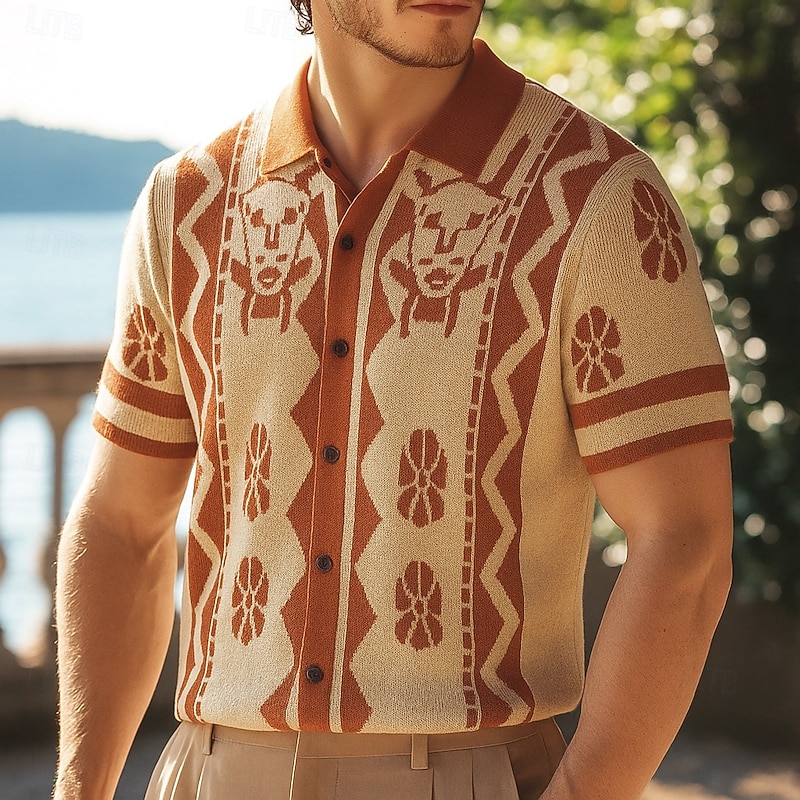 Men's Knit Polo Sweater Golf Shirt Casual Turndown Short Sleeve Vintage Animal Striped Knitted Graphic Summer Spring Winter Regular Fit Coffee Knit Polo Sweater