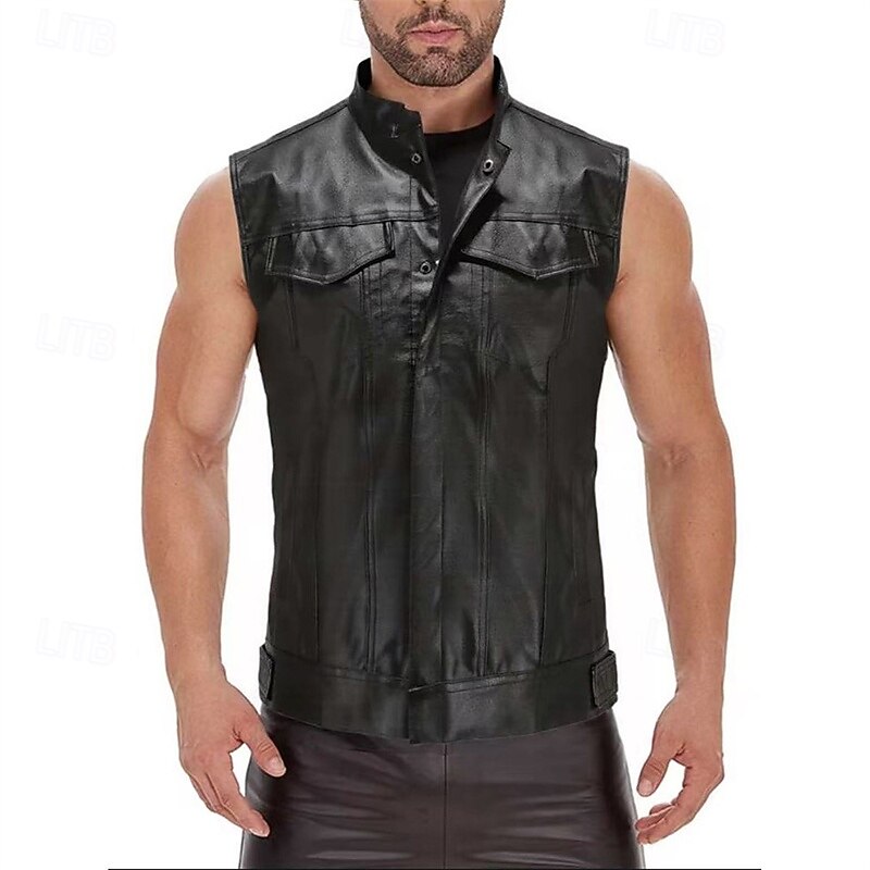 Men's Vest Gilet Faux Leather Vest Outdoor Daily Fashion Casual Spring Fall Pocket Faux Leather Comfortable Plain Zipper Stand Collar Regular Fit Black Vest