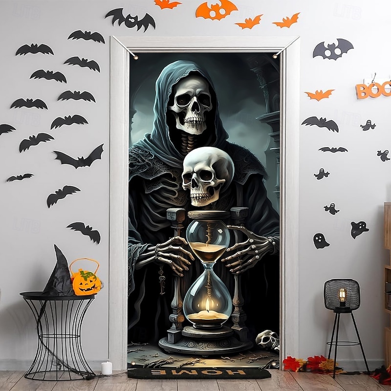 Halloween Door Cover Outdoor Banners Skeleton Grim Reaper 3D Psychedelic Dark Punk Gothic Style Party Outdoor Shooting Backgrounds Front Door Wall Porch Home Decor2