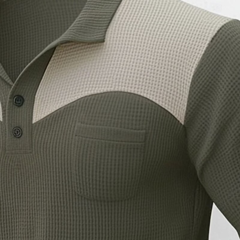 Men's Waffle Knit Polo Shirt Business Casual Lapel Classic Long Sleeve Fashion Basic Color Block Pocket Color Block Fall Winter Regular Fit Brown Navy Blue Dark Green Waffle Knit Polo Shirt2