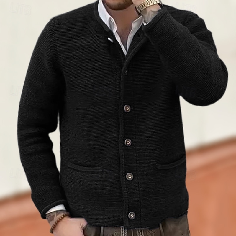 Men's Cardigan Sweater Cropped  Sweater Knit Sweater Ribbed Knit Regular Tops Pocket Buttons Plain Collarless Fashion Classic Vacation Daily Wear Clothing Apparel Fall Winter Black Navy Blue M L XL3