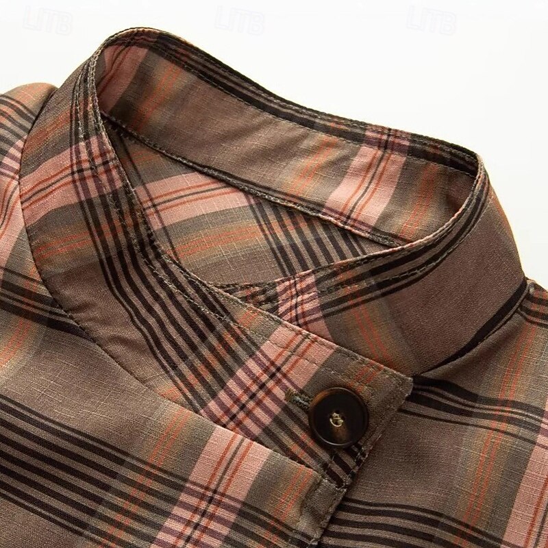 Women's Shirt Plaid Vintage Tropical Stylish Long Sleeve High Neck Regular Tops Work Daily Holiday Asymmetric lattice Spring Fall4
