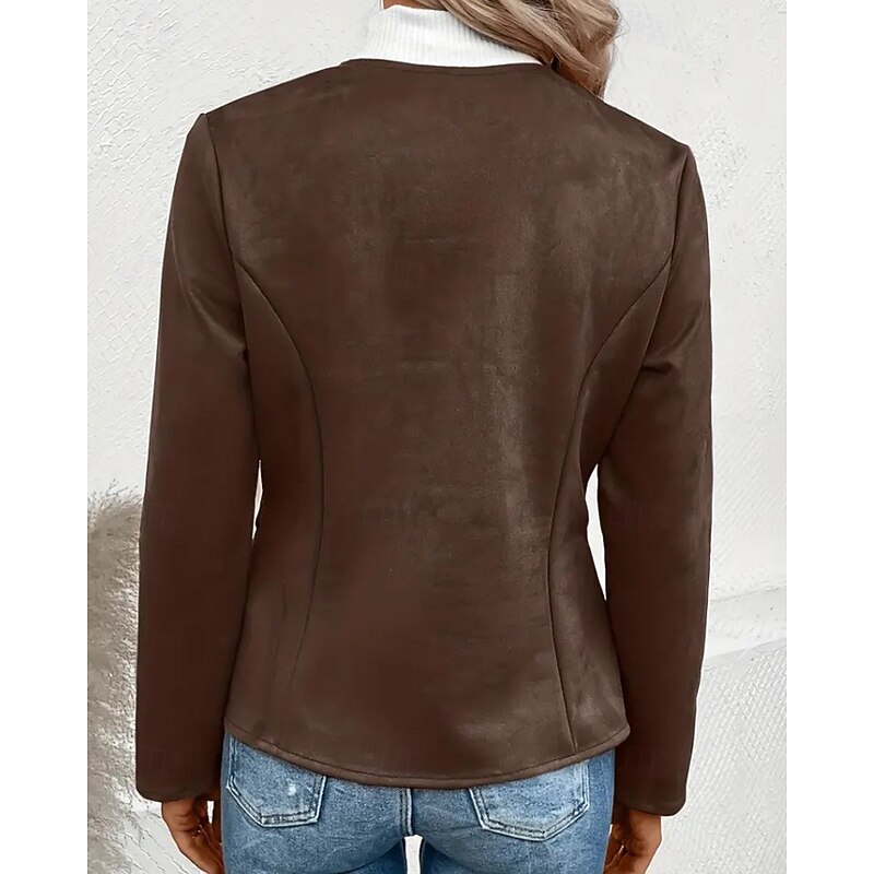 Women's Faux Leather Jacket Casual Jacket Warm Comfortable Zipper Pocket Fashion Plain Outdoor Street Going out Casual Daily Zipper Regular Crewneck Regular Fit Long Sleeve Outerwear Black Blue Dark2