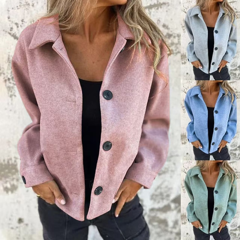 Women's Casual Jacket Comfortable Breathable Buttons Casual Plain Vacation Street Casual Daily Wear Single Breasted Short Turndown Regular Fit Long Sleeve Outerwear Light Blue Light Green Pink Spring