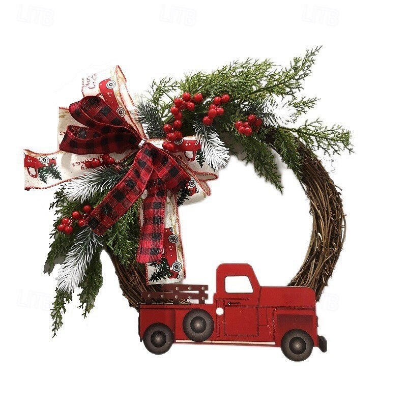 Christmas Red Truck Door Hanging Farmhouse Style Red Truck Wreath Festive Holiday Christmas Wreath Decoration Perfect Rustic Home Seasonal Ornament3