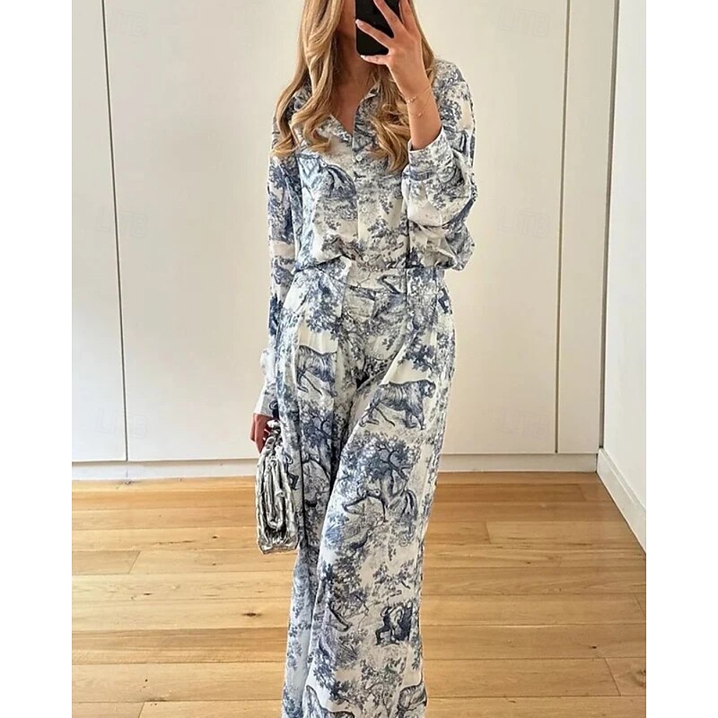 Women's Active Fashion Shirt Blouse Pants Sets Long Sleeve Shirt Collar Floral Print Outdoor Vacation Blue Fall Regular Fit2