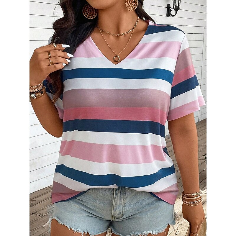 Women's Plus Size Tops T Shirt Striped Print Short Sleeve Crew Neck Casual Daily Polyester Summer Spring White Pink3