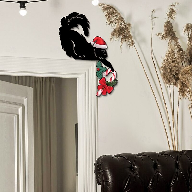 Christmas Black Cat Door Frame Sticker with Christmas Hat Cute 10-inch Lightweight Wooden Creative Holiday Window Sill Bedroom Outdoor Xmas Decoration4