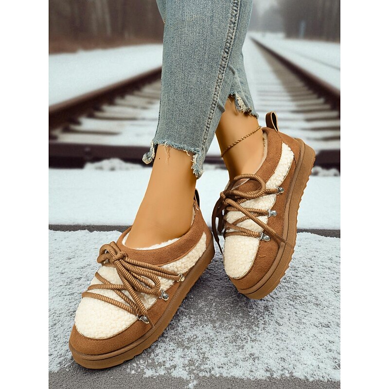 Women's Brown Faux Suede Fleece Lined Lace-Up Shoes – Cozy Winter Casual Flats for Outdoor, Travel and Cold Weather3
