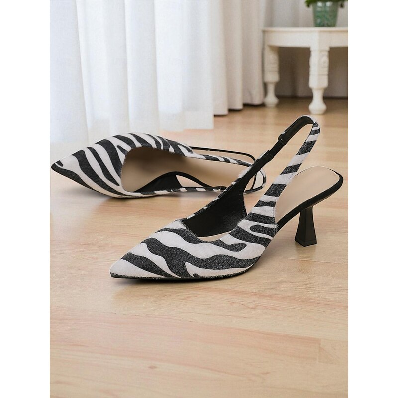 Women's Zebra Print Faux Fur Slingback Kitten Heels – Trendy Pointed Toe Dress Shoes for Daily Fashion, Work and Casual Chic Outfits4