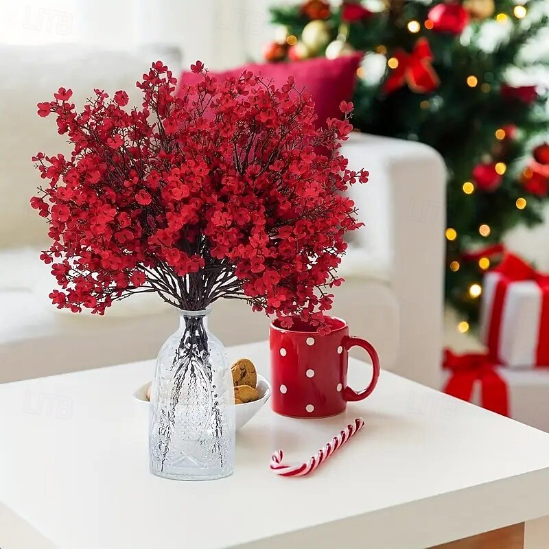 8pcs Christmas Red Artificial Flower– Realistic Touch Faux Plants for Wedding, Party, and Holiday Decor – Vibrant Centerpieces with Black Stems, Battery-Free, Lifelike Petals3