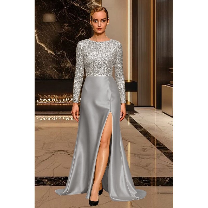 Black Tie Gold A-Line Evening Gown Elegant Dress Formal Wedding Sweep / Brush Train Long Sleeve Crew Neck Stretch Satin with Slit 20254