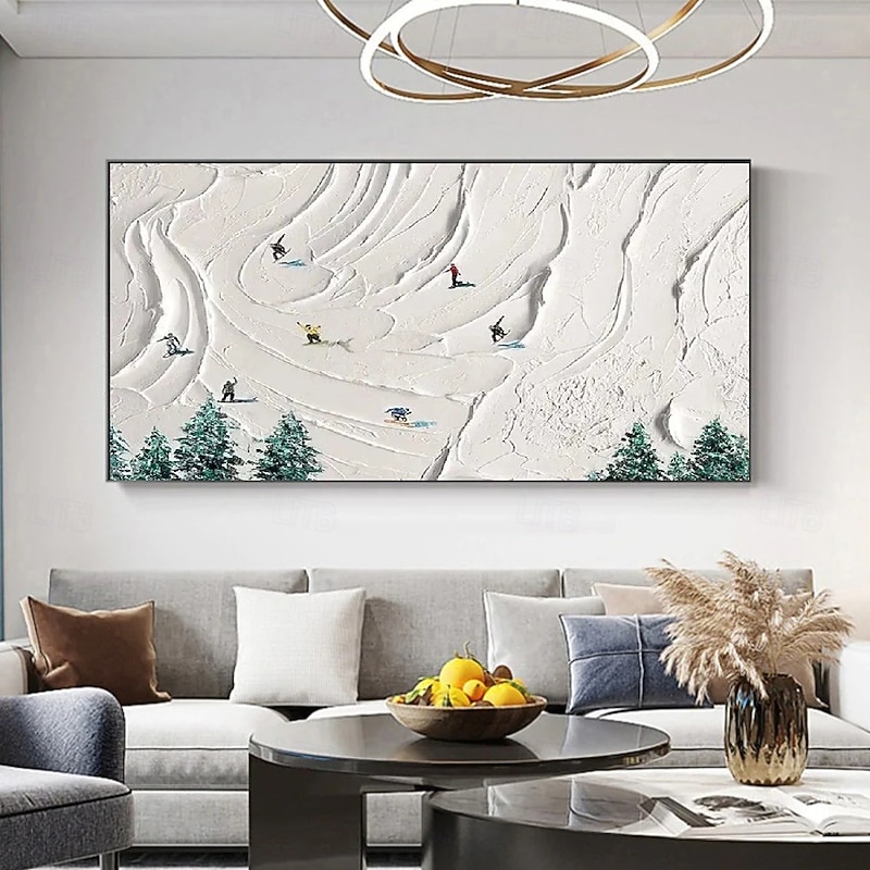 Handmade 3D Oil Painting Skiing Scene with Snow-Covered Mountains Pine Trees Vibrant Colors Rich Textures Detailed Brushstrokes Realistic Shading for Home Decor