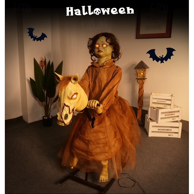 Halloween Automaton - Cursed Girl on Animated Rocking Horse - 105cm - Animatronics - Mains Powered - Quick and Easy Assembly