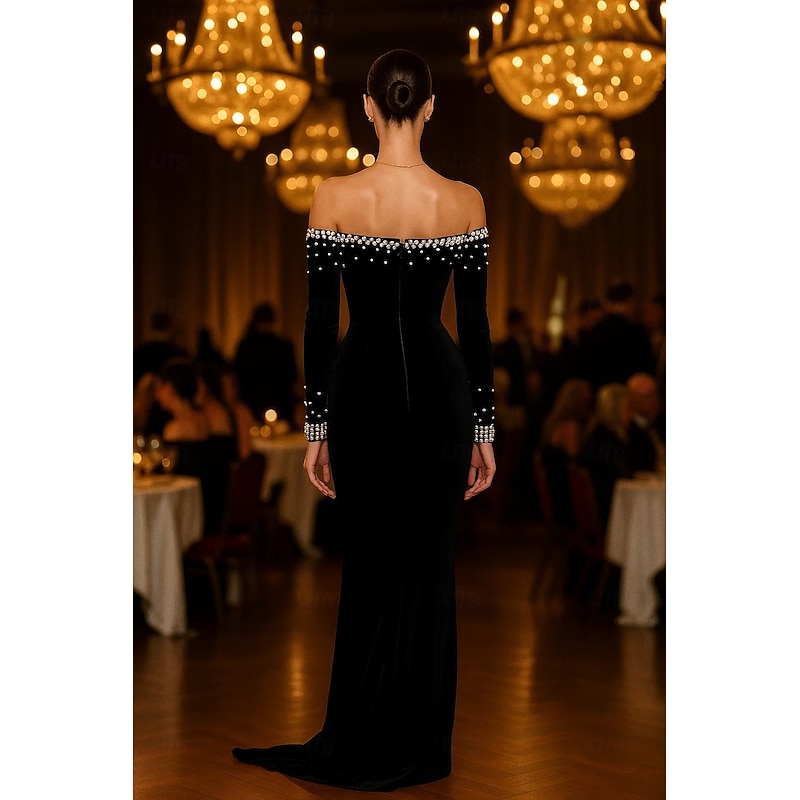Black Tie Stretch Velvet Mermaid / Trumpet Evening Gown Elegant Dress Pearls Formal Wedding Sweep / Brush Train Long Sleeve Off Shoulder 20252