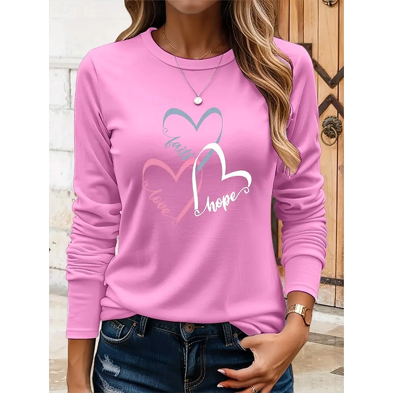 Women's T Shirt Heart Graphic Vintage Stylish Classic Long Sleeve Crew Neck Round Neck Regular Tops Daily Print Black Blue Khaki Rose Pink Summer Spring Fall2