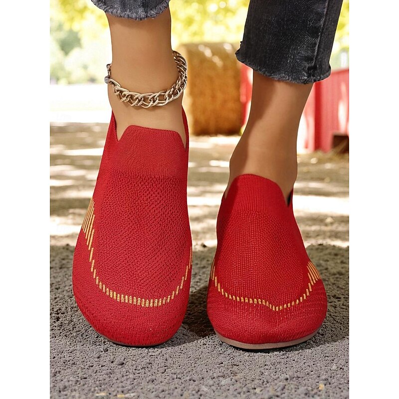 Women's Wide Fit Red Flyknit Slip-On Shoes – Breathable Lightweight Casual Loafers for Office, Travel and Daily Comfort4