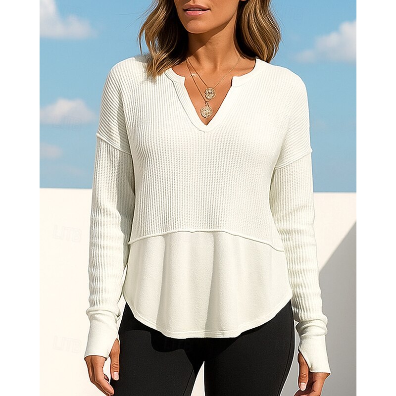 Women's Pullover Sweatshirt Casual Tops Long Sleeve Top Athleisure Fall V Neck Solid Colored Breathable Workout Outdoor Training Sportswear Activewear Black White Red