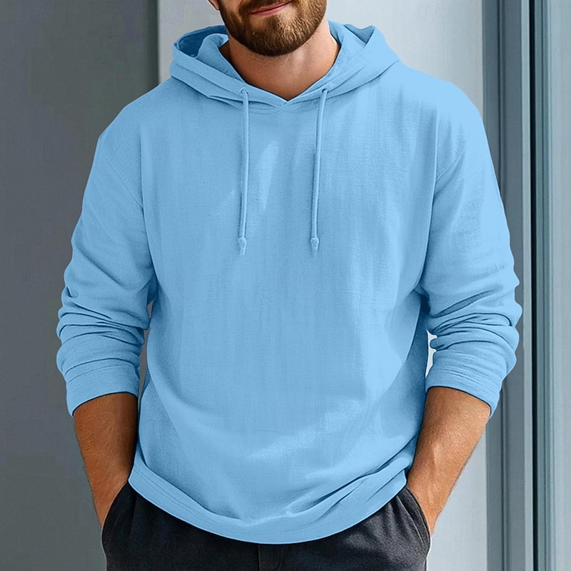 Men's Hoodie Linen T-Shirt Long Sleeve Hooded Summer Spring Solid Color Plain Vintage Bohemian Casual Raw Edge Vacation Street Casual White Pink Burgundy Top Tee for Men